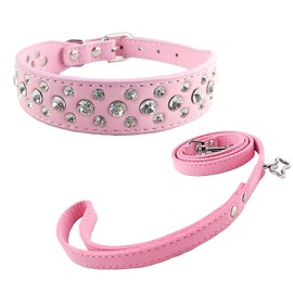 Newtensina Fashion Dog Collar and Lead Set Bling Puppies Collar Cute Diamante Dog Collar with Leashes - Pink - XS