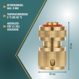 Poppstar Plug-In System Hose Coupling Brass with Water Stop for 1/2 Inch (13 mm) Hoses