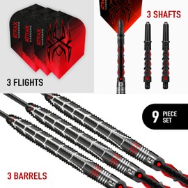 Atrax 95% Tungsten Darts | Darts Set with Steel Tip | 21g, 22g, 23g, 24g, 25g & 26g | Includes Carbon ST Shafts and 100 Micron Atrax Red Flights (25g)