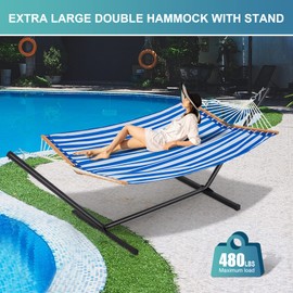 Homgava Two Person Hammock with Stand Heavy Duty, Outdoor Patio Hammock with Portable Steel Stand, Large Double Hammocks with Quick Dry Textilene Fabric,480lbs Capacity.(Blue White)