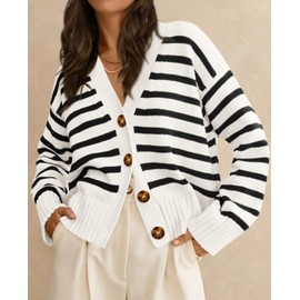 PRETTYGARDEN Women's Long Sleeve Striped Open Front Cardigan Sweaters Button Down Knit Lady Jackets 2024 Fall Outfits (Striped White Black, X-Large)