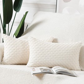 MADIZZ Pack of 2 Boho Striped Corduroy Throw Pillow Covers 12x20 Inch Cream White Soft Decorative Cushion Cover for Bedroom Sofa Pillow Shell