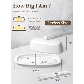 Yedio Ceramic Butter Dish with Lid and Knife for Countertop Refrigerator, 8 Inch White Butter Holder with Porcelain Cover Knob Handle for East West Coast Butter Stick