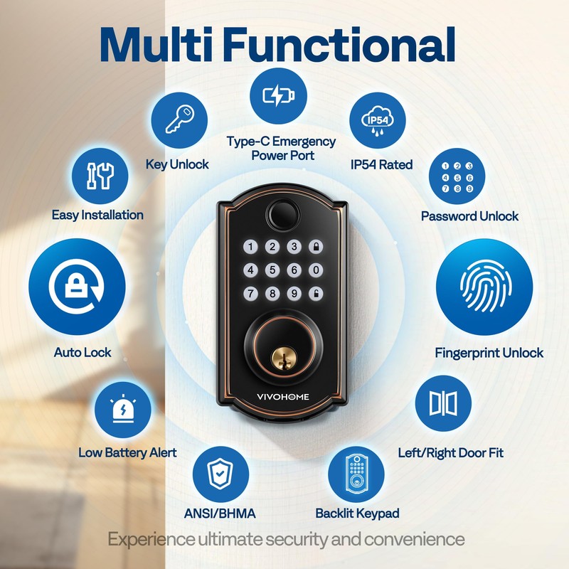 VIVOHOME Keyless Entry Door Lock with Fingerprint, Electronic Keypad Deadbolt