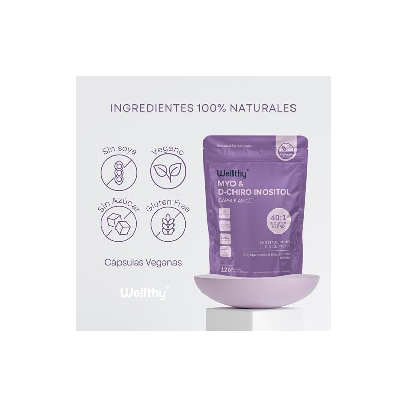 Wellthy Myo Chiro Inositol 120 Cápsulas Mezcla Óptima 2400mg 60mg