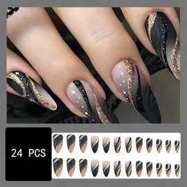 24 Pcs Black Almond Press on Nails Medium Length Gold Foil Fake Nails Gold Glitter Full Cover False Nails with Black Gold Line Design Artificial nails for Women Girls Acrylic Manicure Decoration