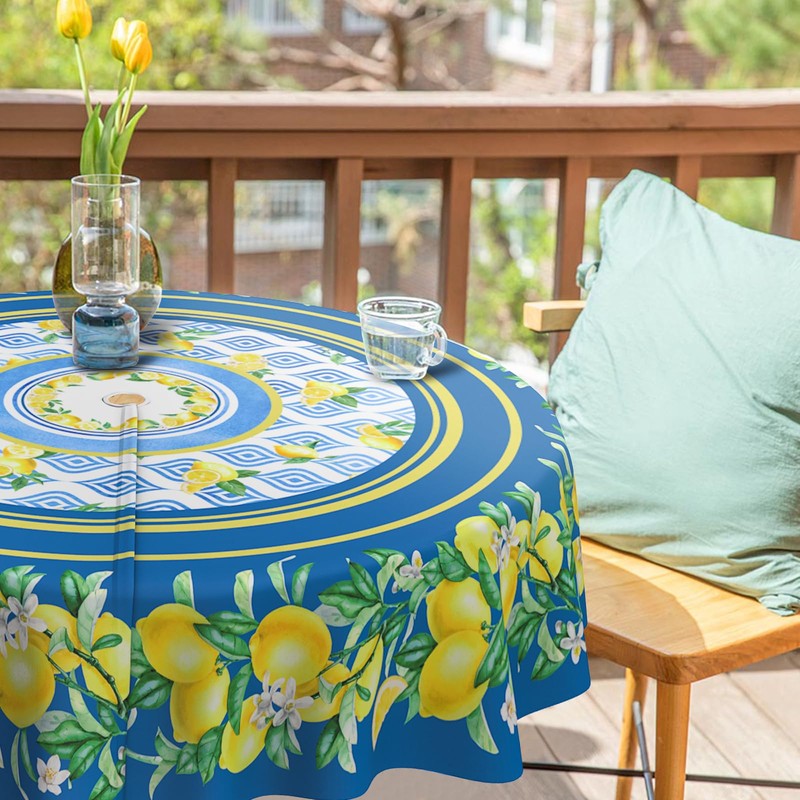 bnhjsdw Blue Lemon Outdoor Tablecloth with Umbrella Hole for Round
