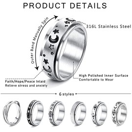 6Pcs Stainless Steel Fidget Band Rings for Women, Moon Star Spinner Rings, Anxiety ring Stress Relieving Band Ring Set (6)