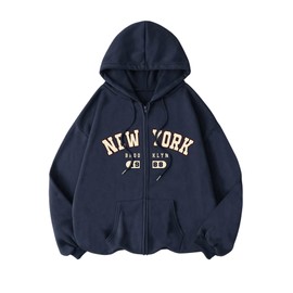 SOLY HUX Women's Plus Size Sweatshirt Letter Graphic Zip Up Drawstring Hoodies Long Sleeve Jacket Dark Blue Letter 4XL