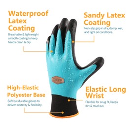 COOLJOB Waterproof Gardening Gloves, Double Latex Coated Work Gloves for Garden Yard Outdoor Work, Black & Blue (2 Pairs L)