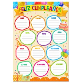 FaCraft Spanish Birthday Chart for Classroom - Happy Birthday Poster Reusable Waterproof Birth day Calendar Laminated Classroom Bulletin Board Decorations Back to School Supplies Teaching Tools