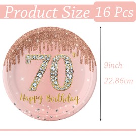Paper Plates 70th Birthday, Pack of 16 Disposable Birthday Plates, 23 cm Paper Plates Disposable for Boys Girls, Rose and Gold Paper Plates for Party Birthday, Happy 70th Birthday Disposable Plates