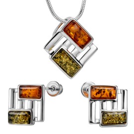 Copal Amber Jewellery Set with Sterling Silver Rectangular Pendant, Amber, Amber, amber jewellery set