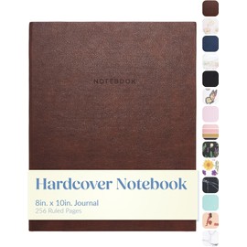 WORLD TRAVELER Large Lined Journal Notebook - Lay-Flat Hardcover 2 Ribbon Bookmarks 256 Ruled White & Ivory Pages 8x10 Inches, Brown Leatherette