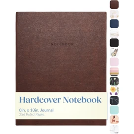 WORLD TRAVELER Large Lined Journal Notebook - Lay-Flat Hardcover 2 Ribbon Bookmarks 256 Ruled White & Ivory Pages 8x10 Inches, Brown Leatherette
