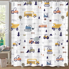 Drgilau Excavator Shower Curtain for Kids, Cartoon Truck Shower Curtain Cute Construction Truck Bathroom Curtain Decor, Waterproof Kids Shower Curtain Set Bathroom Decor Accessories 72X72 Inch