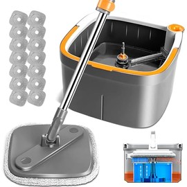 Spin Mop and Bucket Set with Self Separation Dirty and Clean Water System, Square Mop Bucket Self Wringing 360° Rotating Clean Floor Mop-Head for Hardwood Tile Marble Floors (Mop Set with 14pads)