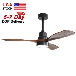 USA in Stock 48 Inch 3 Solid Wood Ceiling Fan Decorative Indoor Modern Ceiling Fan With LightLamp Power(W): 18, Emitting Color: 3CCT, Color: Black, Wattage: 35W