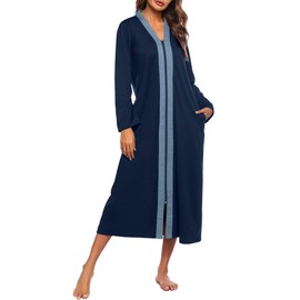 Ekouaer Women Zipper Robe Long Sleeve Loungewear Lightweight Housecoat Full Length Nightgown with Pockets (Navy Blue, Large)