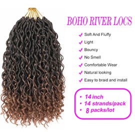 Goddess Locs Crochet Hair 14 Inch Boho River Locs Hippie Locs Wavy Crochet With Curly Hair In Middle And Ends Braids Hair Extensions (8 Packs,14 inch, T30)