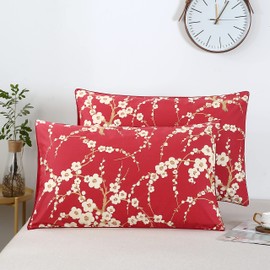 STYHO 100% Egyptian Cotton Floral Printed Pillow Cases 2 Pack Standard Size Pillow Cover for Hair and Skin(Red,50 x 75cm)
