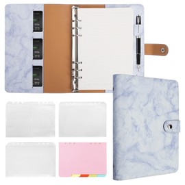 FYY A5 Binder Refillable Planner Notebook 6 Ring PU Leather Binder Journal with Pockets, Dividers, Refill Paper Marble Blue