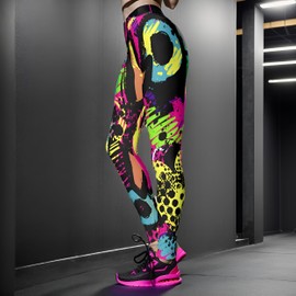 Hupplle Women's 80s Neon Leggings Artistic Splash Printed High Waisted Stretchy Tights Buttery Soft Yoga Sport Workout Pants (US, Alpha, Medium, Regular, Regular, Colorful Splash)