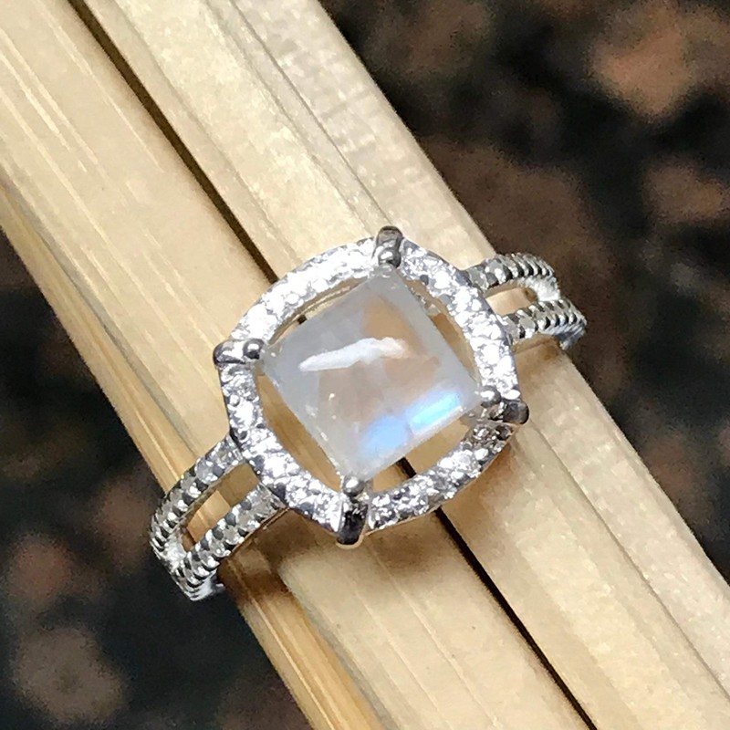 Natural Rainbow Moonstone 925 Solid Sterling Silver Engagement Ring Size