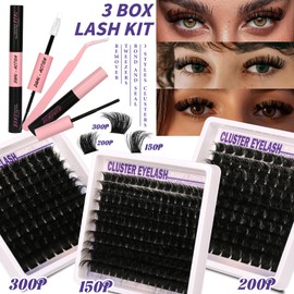 Lashes Clusters Kit Gift Packs 3 Styles 350Pcs with Bond&Seal Glue Remove Volume Soft False Eyelash Extension 150D+200D+300D D Curl Wispy DIY Individual Fake Eyelashes Box for Beginners Bulk Pack