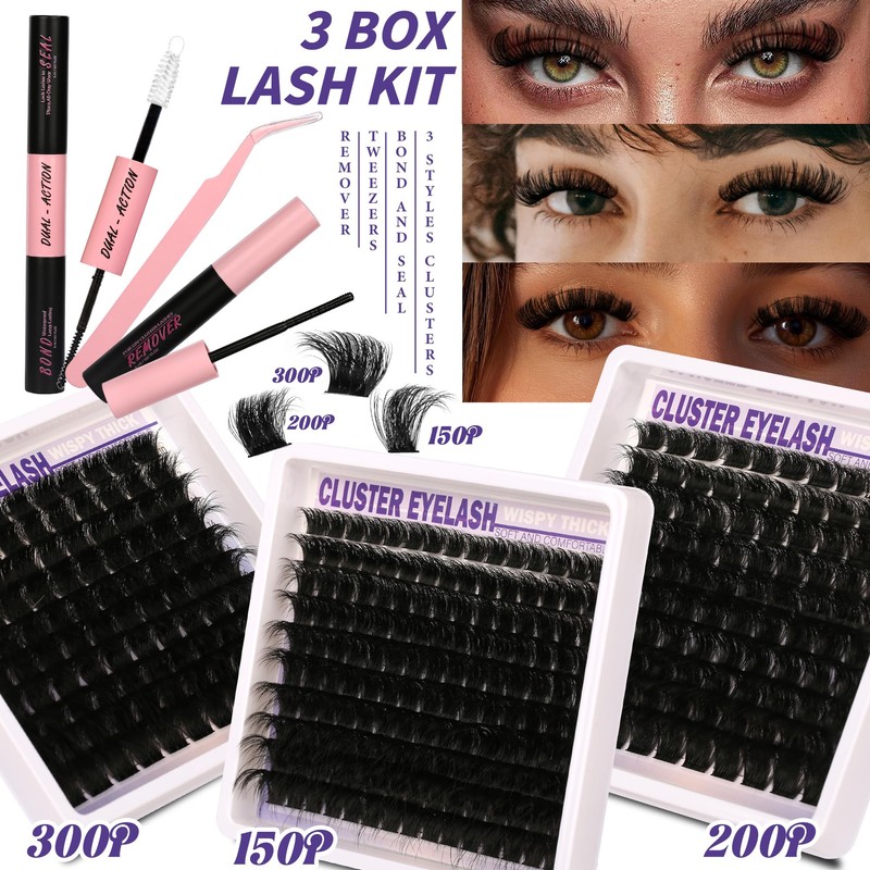 Lashes Clusters Kit Gift Packs 3 Styles 350Pcs with Bond&Seal