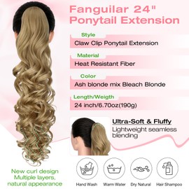 Fanguilar Ponytail Extension, 24" Claw Clip Ponytail Extension Long Curly Wavy Pony Tails Hair Extensions Synthetic Clip in Ponytail Hairpiece for Women Daily - Ash Blonde