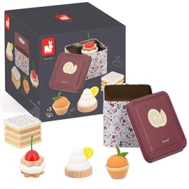 Janod Twist Metal Box-1 Metal Tin + 4 Wooden Pastry Pieces and Felt Roll and Fantasy Toys from 3 Years, J06627, Multicoloured, S