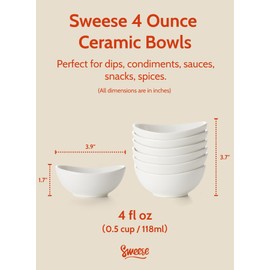 Sweese 4 oz Very Small White Porcelain Bowls - Set of 6 Dipping, Sauce, Salsa & Snack Bowls, Mini Ceramic Bowls for Condiments & Charcuterie