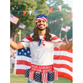 BOARDFEB 2 Pcs Fourth of July Patriotic Beverage Beer Belt Holder and Mullet Headband Wig Costume Set Outfit Accessories Unisex Themed USA Americana Flag Beer Gift