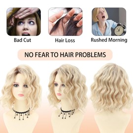 Webshaiy Platinum Blonde Wigs for Women, Short Curly Wavy Layered Bob Wig with Side Bangs, Ready To Go Natural Synthetic Glueless Wig Fringe with Dark Roots