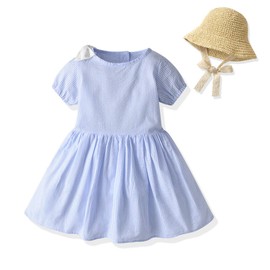 Toddler Girls Summer One-Piece Dress Baby Sundress with Straw Hat Princess Long Skirt Playwear Beachwear Dress Clothes Gift (2-3 Years, Stripes-Blue)