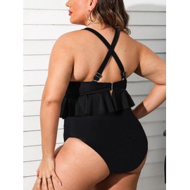CUPSHE Women's Bikini Sets Plus Size Two Piece Swimsuit Ruffled Shirred High Waisted Swimwear 3XL Solid Black