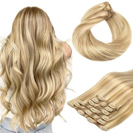 Clip in Hair Extensions, hotbanana Light Blonde Highlighted Golden Blonde (Warm Tone) Clip in Hair Extensions Real Human Hair Straight Remy Hair Clip in Hair Extensions 24 inch 120g 7pcs