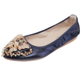 Cattle Shop Zapatos planos de ballet para mujer, plegables, con diamantes de imitación, puntera puntiaguda, cómodos, para boda, zapatos planos de vestir para mujer, Azul oscuro, 11