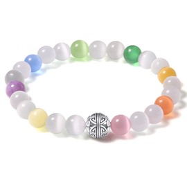 Natural 8mm Gemstones Healing Crystal Stretch Beaded Bracelet Bangle 925 Silver Double Happiness Pendant (Multicolored Cat's Eye Stone)
