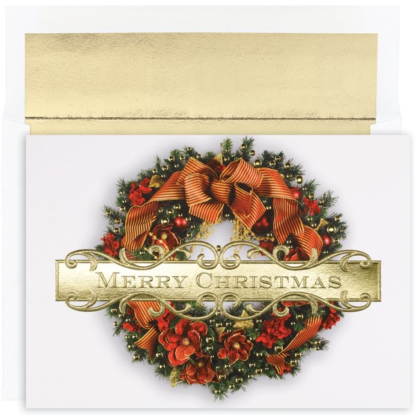 Masterpiece Studios Holiday Classic Collection 16-Count Boxed Christmas Cards with Foil-Lined Envelopes, 7.8" x 5.6", Embossed Christmas Wreath (847900)