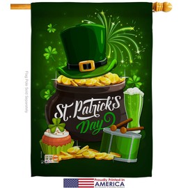 Angeleno Heritage St Patty Day House Flag Set Springtime Patrick Shamrock Leprechaun Lucky Coin Holiday March Irish Clover Small Decorative Gift Yard Banner Made in USA 28 X 40