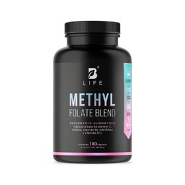 Metil Folato. 180 Cpsulas. Apoyo Durante el Embarazo y Claridad Mental. 500 mg por Cpsula. Adicionado con Betana, B6, B12 y Vitamina C. Ingredientes  