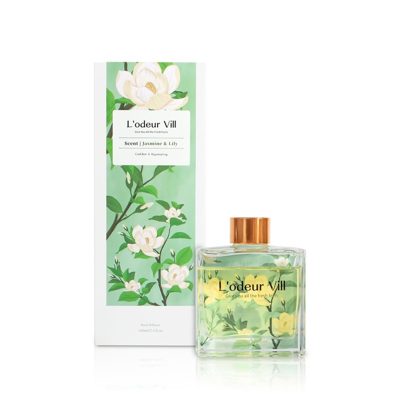 L'odeur Vill Reed Diffuser Set/Jasmine & Lily/3.38 fl.oz（100ML）/1 Pack with