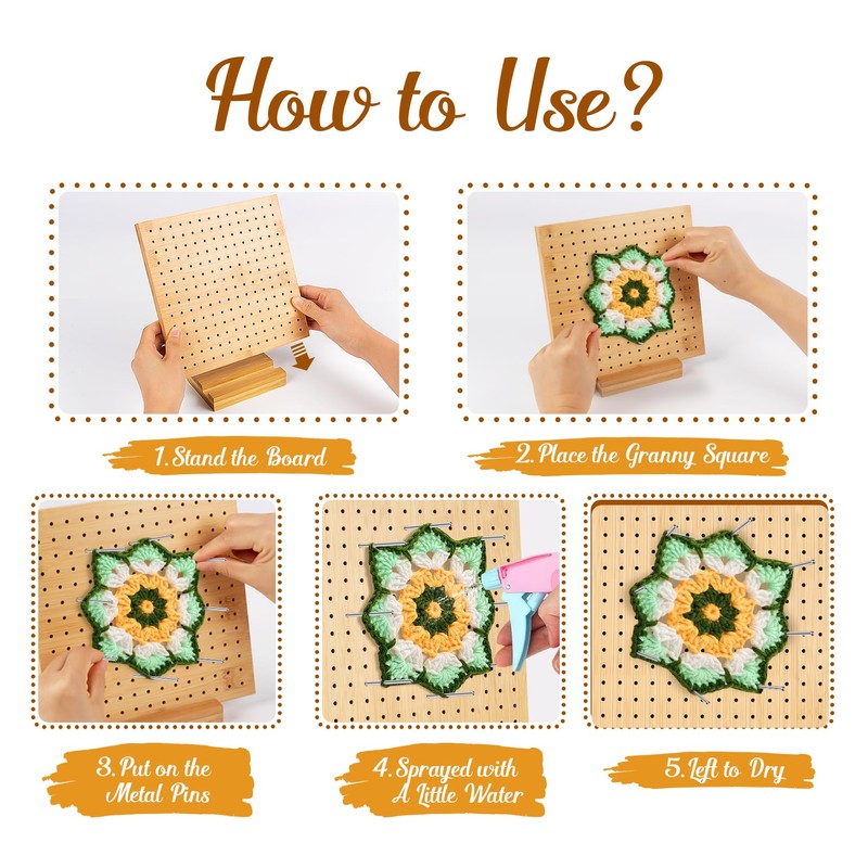 Granny Squares Blocking Board, 20 cm Wooden Spanner with 24