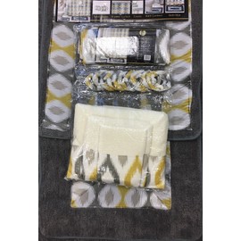 18 Piece Bath Rug Silver Grey Gold Print Bathroom Rugs Shower Curtain/Rings and Towels Sets-Keena Yellow