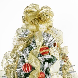 LEEQE Gold Glitter Snowflake Christmas Tree Topper Bow 11 Inch with 6 Ribbon Tails 3 Yards Each Elegant Holiday Decoration for Indoor and Outdoor