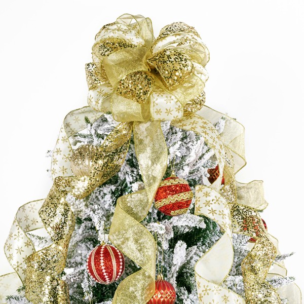 LEEQE Gold Glitter Snowflake Christmas Tree Topper Bow 11 Inch
