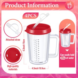 Kritkin 4 Pcs 20 oz Hospital Water Cup with Straw and Lid Insulated Double Walled Water Bottle Hospital Carafe Mug with Handle Graduated Plastic Elderly Drinking Cup with Straw(Red)
