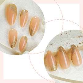 Almond Press on Nails Medium French Tips Fake Nails Gold Glitter Acrylic Nails Press ons with Glitter Line Glue on Nails Shiny Stick on Nails Nude False Nails for Women Girls Manicure 24Pcs